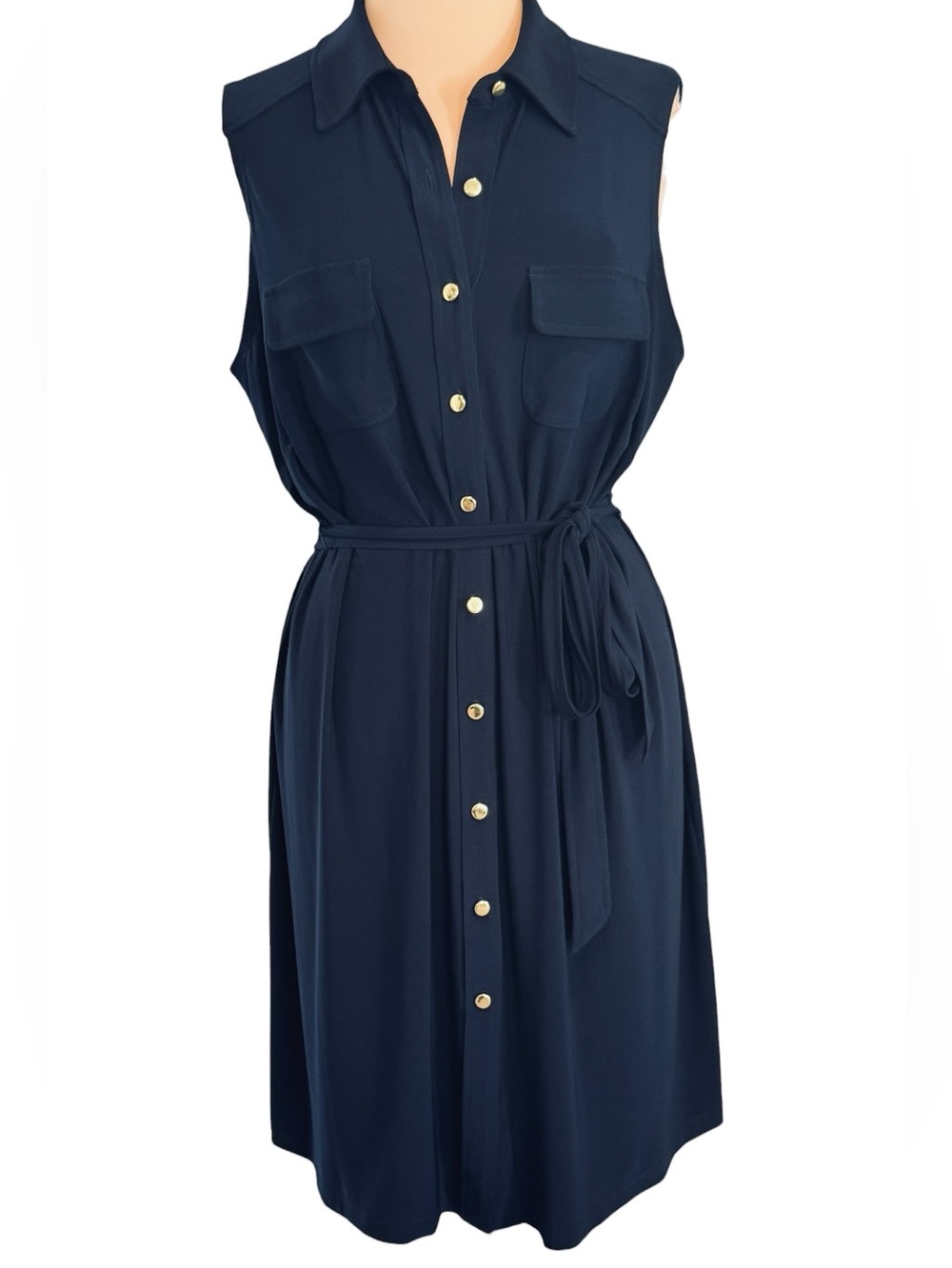 Soho Apparel Classic Navy gold button front sleeveless shirt dress belted 1X